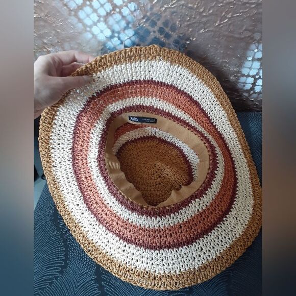 Zara Raffia Straw Striped Tan and Brown Floppy Sun Hat - Picture 9 of 14